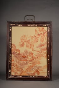 A BUFF-GROUND WITH IRON-BROWN 'LANDSCAPE AND FIGURES' PORCELAIN PANEL