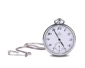 OMEGA STAINLESS STEEL POCKET WATCH WITH A CROWN FOR WINDING