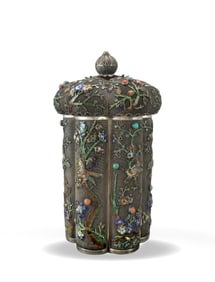 A FILIGREE SILVER BODY WITH ENAMEL 'MAGPIE ON PLUM' TEA CADDY