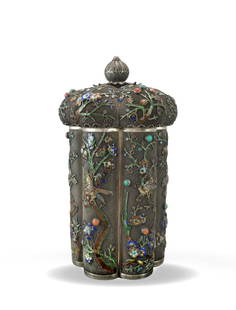 A FILIGREE SILVER BODY WITH ENAMEL 'MAGPIE ON PLUM' TEA CADDY: A FILIGREE SILVER BODY WITH ENAMEL 'MAGPIE ON PLUM' TEA CADDY Dimensions: Weight: 477.0 g. Height 17.0 cm (6.69 in). All measurements are approximate. This fine silverware is appealing in shape and au