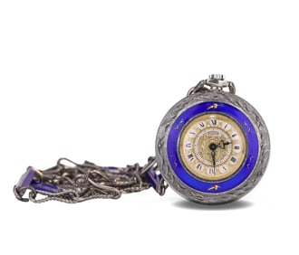 SILVER-CASED ENAMEL POCKET WATCH WITH CARVED PATTERNS