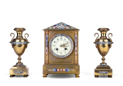 A SET OF FRENCH COPPER GILDED CLOISONNÉ ENAMEL MANTEL CLOCK