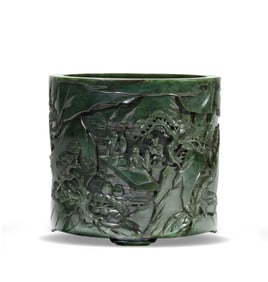 A SPINACH-GREEN JADE 'FIGURAL' BRUSHPOT