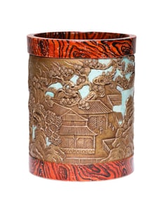 A WOOD-EFFECT GLAZE 'LANDSCAPE AND FIGURES' BRUSH POT