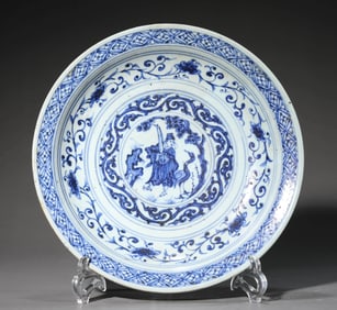 A BLUE AND WHITE 'FIGURE' DISH