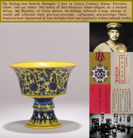 A YELLOW-GROUND BLUE AND WHITE 'LOTUS AND SANSKRIT' STEM CUP