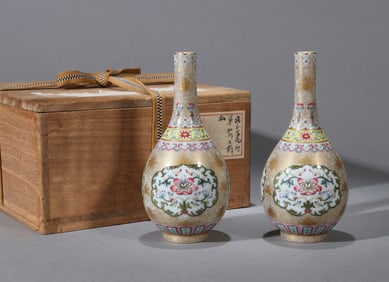 A PAIR OF ENAMEL 'FLORAL' VASES