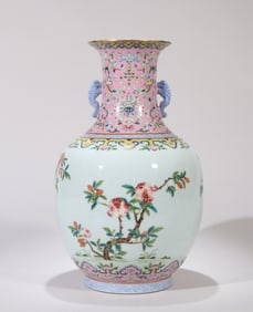 A FAMILLE ROSE 'FLORAL' TWO-HANDLED VASE