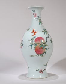 A FAMILLE ROSE 'PEACH' OLIVE-SHAPED VASE