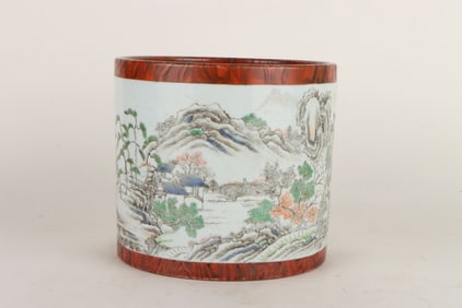 A WOOD GLAZE MEDALLION 'LANDSCAPE' BRUSH POT