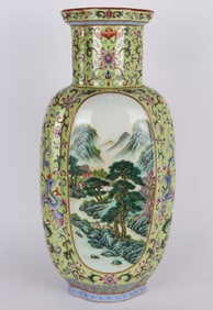 A GREEN-GROUND FAMILLE ROSE MEDALLION 'LANDSCAPE' MOONFLASK