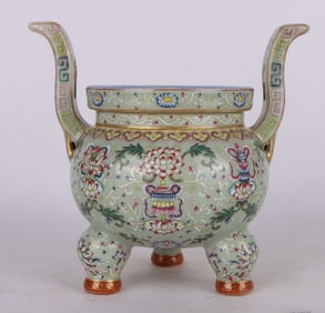A CELADON FAMILLE ROSE 'BABAO' TRIPOD CENSER