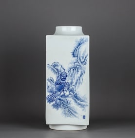 A BLUE AND WHITE 'FIGURES AND FLOWERS' CONG-FORM VASE