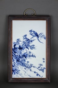 A BLUE AND WHITE 'FLOWERS AND BIRDS' PORCELAIN PLAQUE