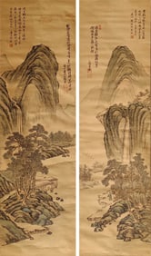 LU HUI (1851-1920), ATTRIBUTED TO, LANDSCAPE (PAIR OF PANELS)