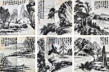 WU CHANGSHUO (1844-1927), ATTRIBUTED TO, INK LANDSCAPE (SIX LEAVES)