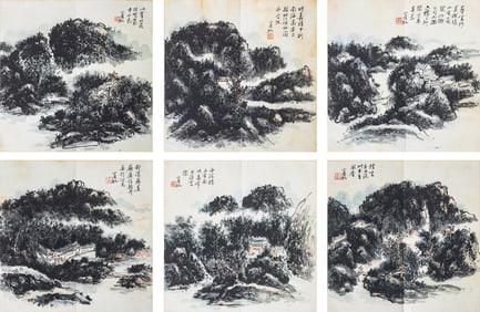 HUANG BINHONG (1865-1955), ATTRIBUTED TO, COLORED LANDSCAPE (SIX LEAVES)