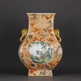 A STONE-EFFECT GLAZE MEDALLION FAMILLE ROSE 'FLOWERS AND BIRDS' VASE