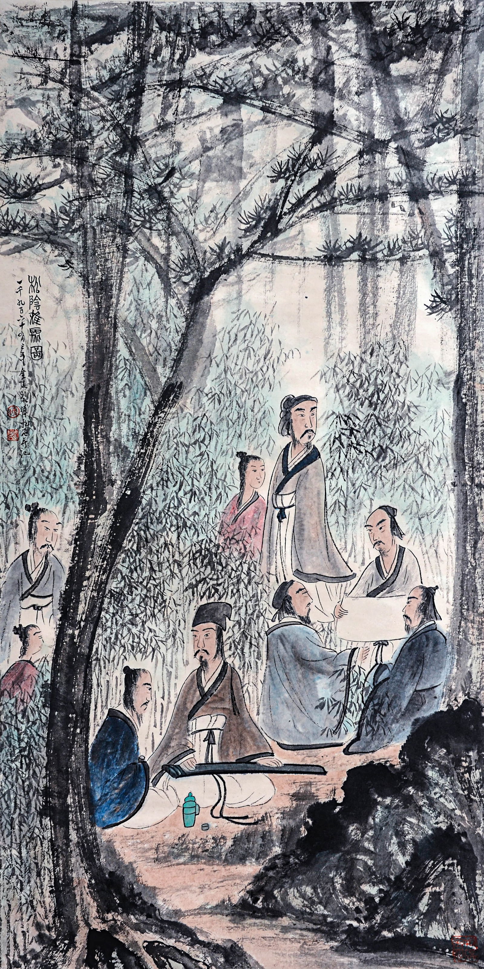 FU BAOSHI (1904-1965), ATTRIBUTED TO, ELEGANT GROVE UNDER PINE SHADE: FU BAOSHI (1904-1965), ATTRIBUTED TO, ELEGANT GROVE UNDER PINE SHADE Dimensions: Length: 132 cm (52.0 in.), Width: 66 cm (26.0 in.). All measurements are approximate. Any condition statement is given