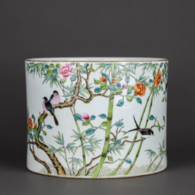 A FAMILLE ROSE 'FLOWERS, BIRDS AND POETRY' BRUSH POT
