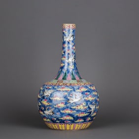 A BLUE-GROUND FAMILLE ROSE 'CRANES' VASE