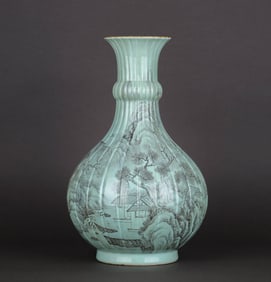 A TURQUOISE-GREEN GLAZED GRISAILLE 'LANDSCAPE' MELON-RIBBED YUHUCHUNPING