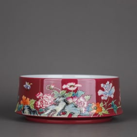 A RU TYPE RUBY-RED GROUND ENAMEL 'FLORAL' BRUSH WASHER