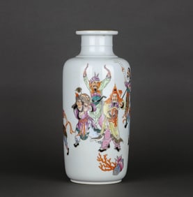 A FAMILLE ROSE 'FIGURE' ROULEAU VASE