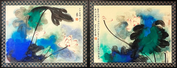 ZHANG DAQIAN (1899-1983), ATTRIBUTED TO, LOTUS DIPTYCH