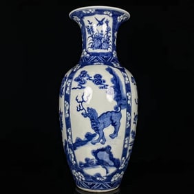 A  BLUE AND WHITE MEDALLION 'KYLIN AND FLOWERS' VASE