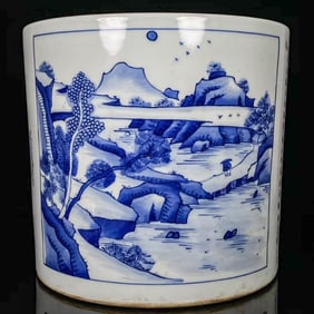 A BLUE AND WHITE 'LANDSCAPE WITH POEM' BRUSH POT