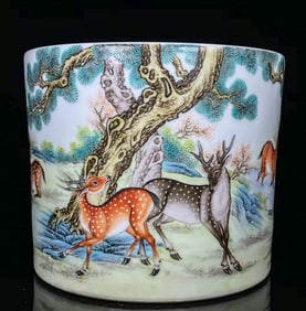 A FAMILLE ROSE 'DEER IN SPRING' BRUSH POT