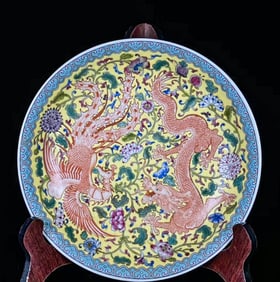 A ENAMEL 'DRAGON AND PHOENIX' DISH