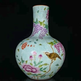 A ENAMEL 'FLOWERS, BIRDS AND GRAPES' GLOBULAR VASE