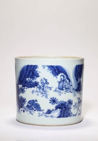 A BLUE AND WHITE 'FIGURE' BRUSHPOT