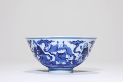 A BLUE AND WHITE 'EIGHT IMMORTALS OFFERING SHOU' BOWL
