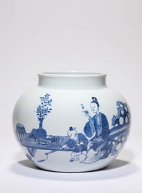 A BLUE AND WHITE 'FIGURE SCENE' JAR