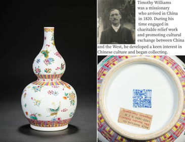 A FAMILLE-ROSE 'BUTTERFLIES AMONG FLOWERS' GOURD SHAPED VASE