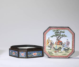 A PAINTED ENAMEL COVERED BOX