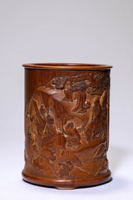 A BAMBOO CARVED 'FIGURE SCENE' BRUSHPOT