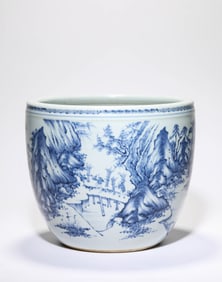 A BLUE AND WHITE 'LANDSCAPE AND FIGURES' JAR