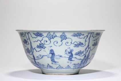 A BLUE AND WHITE 'FIGURE SCENE WITH DRAGON AND PHOENIX' LARGE BOWL