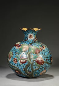 A CLOISONNé ENAMEL 'FLOWERS AND FRUITS' POMEGRANATE-FORM JAR