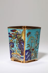 A CLOISONNé ENAMEL 'FIGURE SCENE' OCTAGONAL BRUSHPOT