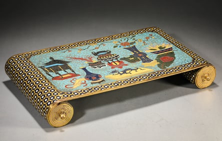 A CLOISONNé ENAMEL 'ANTIQUITIES' SCROLL TABLE