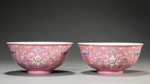 A PAIR OF RUBY RED GLAZED 'INTERLOCKING LOTUS' BOWLS