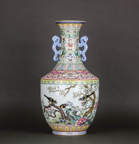 A FAMILLE ROSE 'FLOWERS, BIRDS AND POETRY' VASE