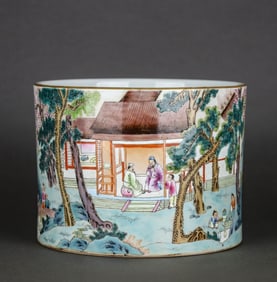 A FAMILLE ROSE ‘FIGURE' BRUSH POT