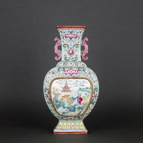 A TURQUOISE-GREEN GROUND FAMILLE ROSE MEDALLION 'FIGURES' VASE