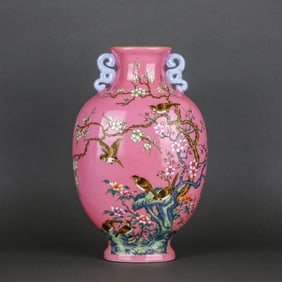A RUBY-RED GROUND FAMILLE ROSE 'MAGPIE ON PLUM AND POETRY' VASE